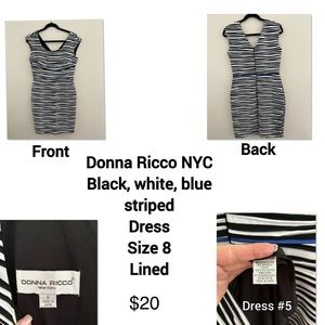 Donna Ricco NYC, lined, sleeveless, size 8, lined, black, white, blue